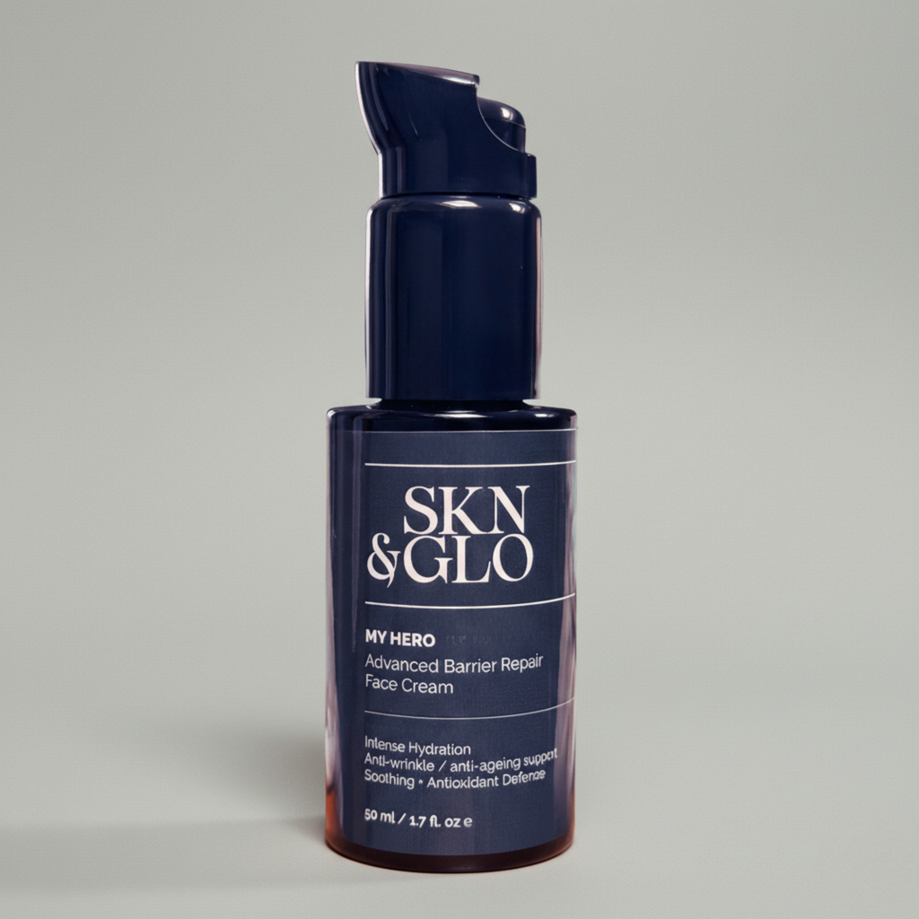 SKN & GLO My Hero Advanced Barrier Repair Face Cream 50ml, minimalist luxury skincare bottle on soft grey background
