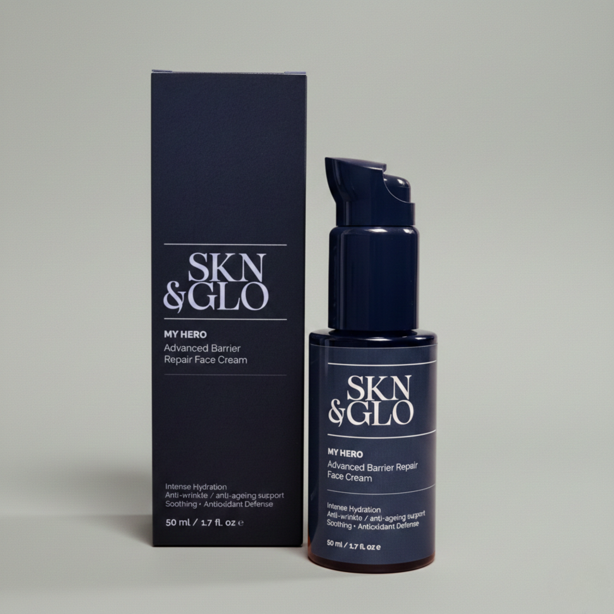 SKN & GLO My Hero Advanced Barrier Repair Face Cream 50ml with packaging, luxury skincare bottle and box on neutral grey background
